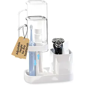Toothbrush Holder with Cup/Cover Contains 2 Slots, Counter Organizer for Toothbrush, Toothpaste, Razors & Small Comb, Tooth Paste Holder for Home Hotel Countertop, White
