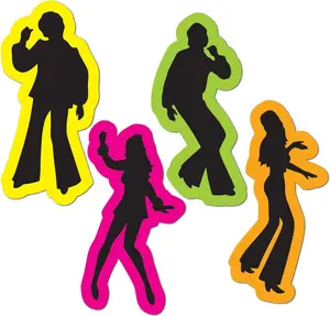 4 Piece Groovy Disco 70's Theme Cut Outs Decorations 1970's Hippie Throwback Birthday Party Supplies, 14", Black/Pink/Green/Yellow/Orange