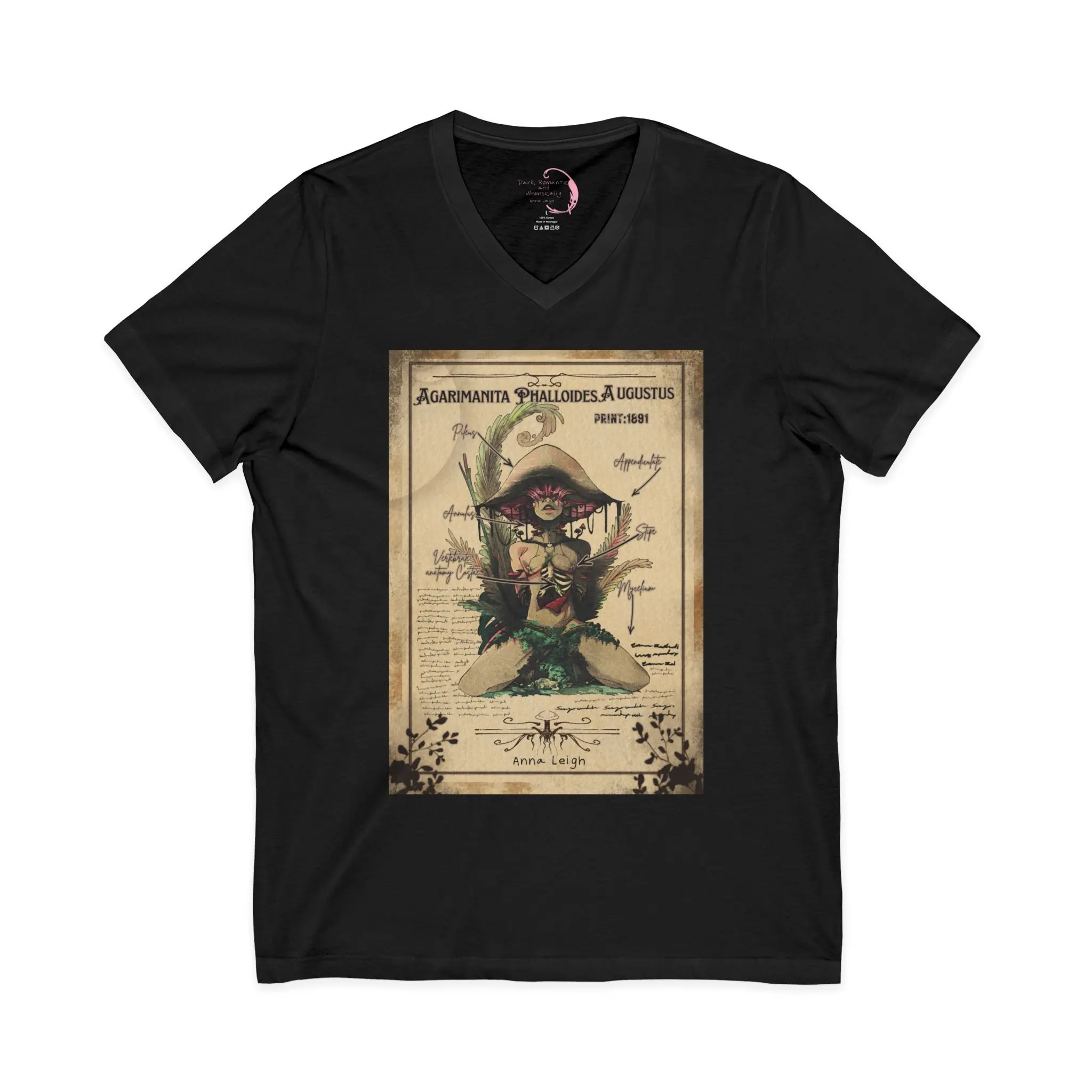 Men's Blue Knit Regular Sizes 2XL Androgynous Mushroom Graphic T-Shirt - Gothic Forest Design, Ribbed V-Neck, Goblincore Queer Art Short-Sleeve, Cotton, Casual Streetwear, Original Body Horror, All Seasons, Androgynous Menswear Top, Graphic Print