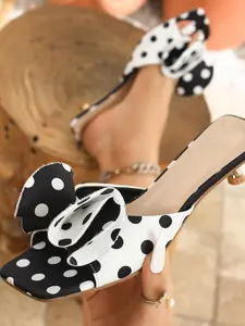 Women's Polka Dot Square Toe Sandals, Bow Slip Sandals, Classic Fashion Slippers, Portable Comfortable Shoes for Dating and Shopping