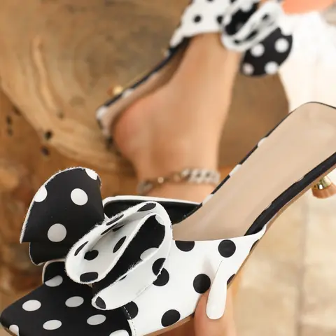 Women's Polka Dot Square Toed Sandals, Bow Slip Sandals, Classic Fashion Slippers, Portable Comfortable Shoes for Dating and Shopping, Bow Decorated Sandals, Daily Fashion Footwear