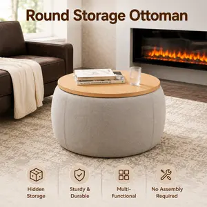 【Round Storage Ottoman】Fansace Modern Round Storage Ottoman with Wooden Top,Handmade Luxury Pleated Circle Fabric Storage Ottoman Coffee Table,End Table & Footstool for Living Room