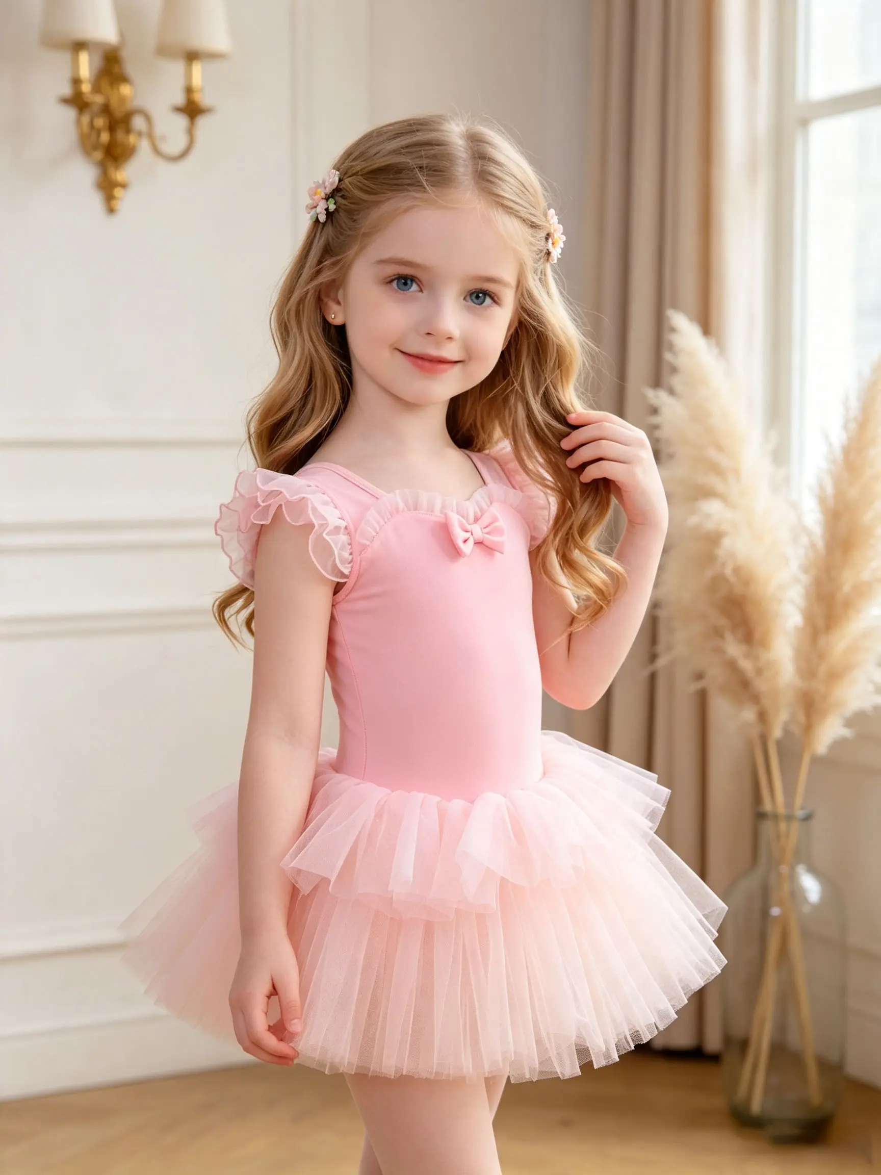 Girls Ruffle Sleeve Ballet Tutu Dress Bow Front Layered Tulle Skirt Pink Kids Gymnastics Dance Leotard Costume school gift
