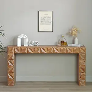 Modern Geometric Wooden Neutral Console Table – Dark Brown Finish with Handcrafted 3D Design