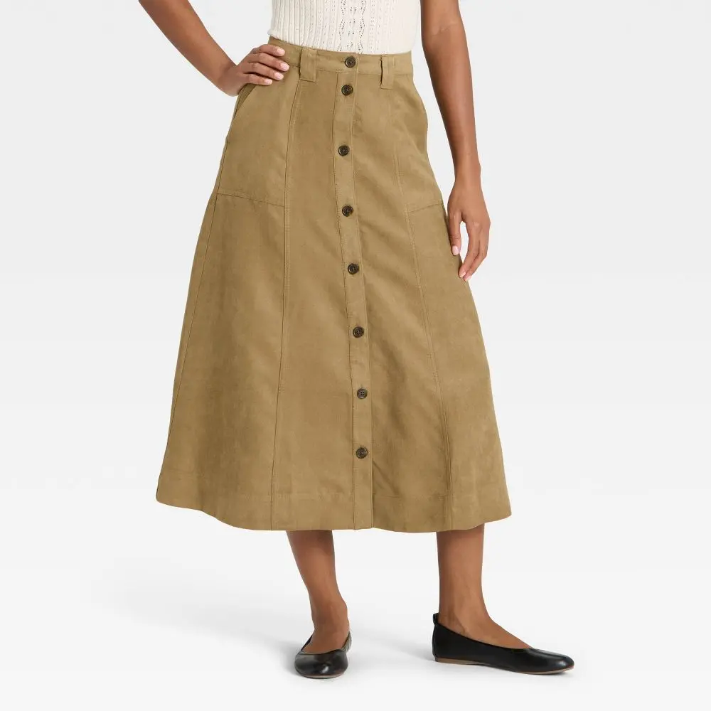 Universal Thread Women's Faux Suede Skirt - High-Rise A-Line Style Garment, Button-Front Midi Casual Bottom with Pockets