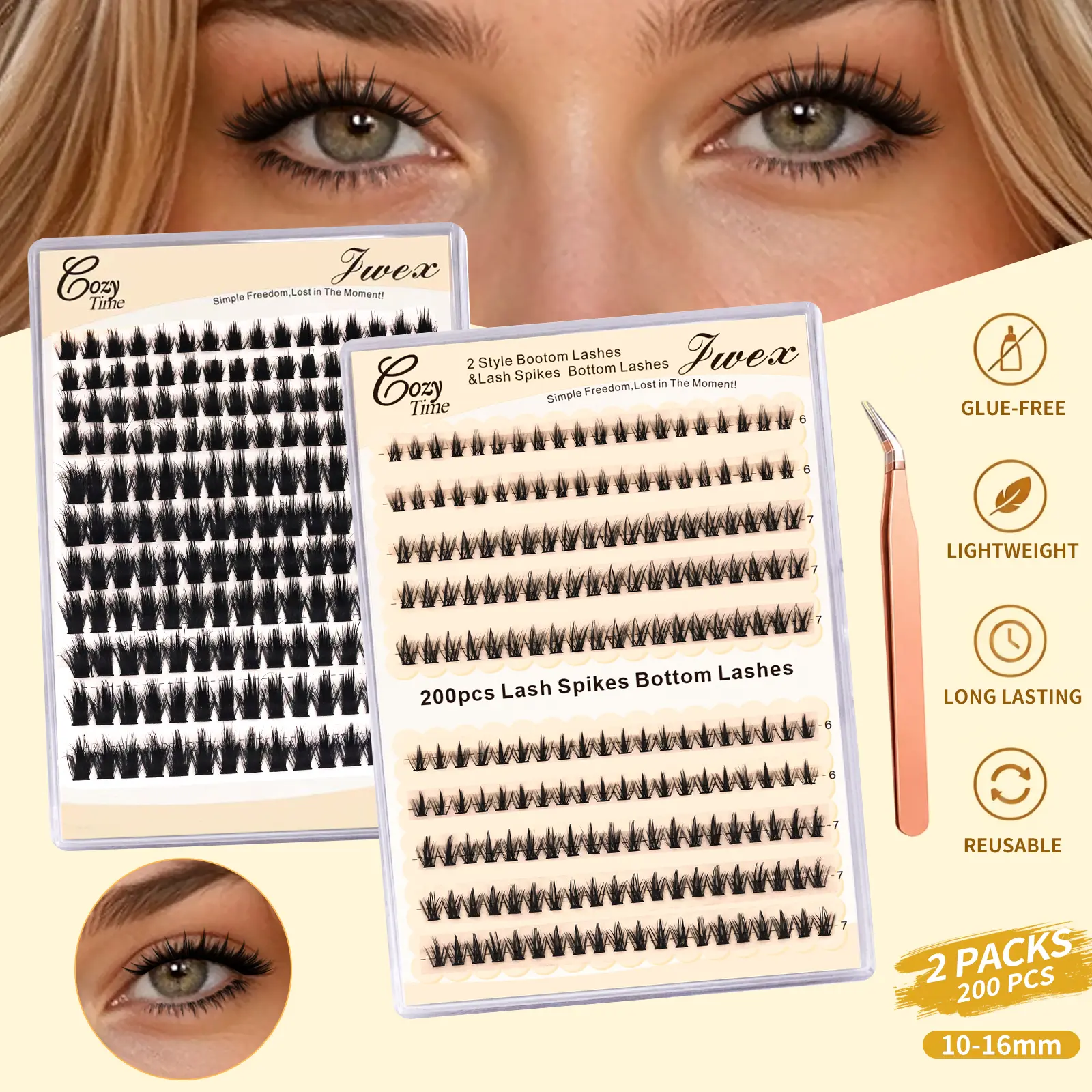 JWEX Self Adhesive Synthetic Manga Lash Cluster Kit - 10-16mm Spiked Lashes, Bottom Clusters, Soft Thin Band, DIY Home Makeup Eyelash Extensions for Beginners