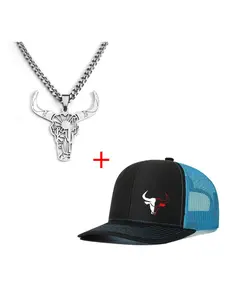Unisex Bull Head Necklace & Classic Baseball Cap Set, Trucker Hat, Casual Fitted Design, All-Season Wear, Ideal for Men & Women, Perfect for Daily