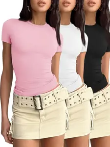 Women's Basic Solid Round Neck Tee, Summer Outfits, Fashion Casual Short Sleeve T-shirt for Daily Wear, T Shirts for Women, Ladies Summer Clothes, Going Out Tops, Tops for Women, Downtown Girl Clothes, Womenswear