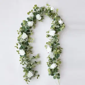 5.91FT Artificial Eucalyptus Garland with Flowers, Fake Rose Gypsophila Garland, Faux Floral Garland Greenery Garland for Wedding Spring Home Party Craft Art Table Runner Decor