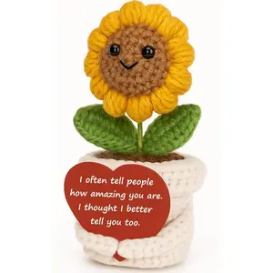 Handmade Crochet Sunflower Plush Toy in White Pot Knitted Flower Doll with Heart Card Positive Encouragement Gift Cute Amigurumi Floral Desk Decor Aesthetic Ornament for Home Office Room Display Shopping Mall Decoration