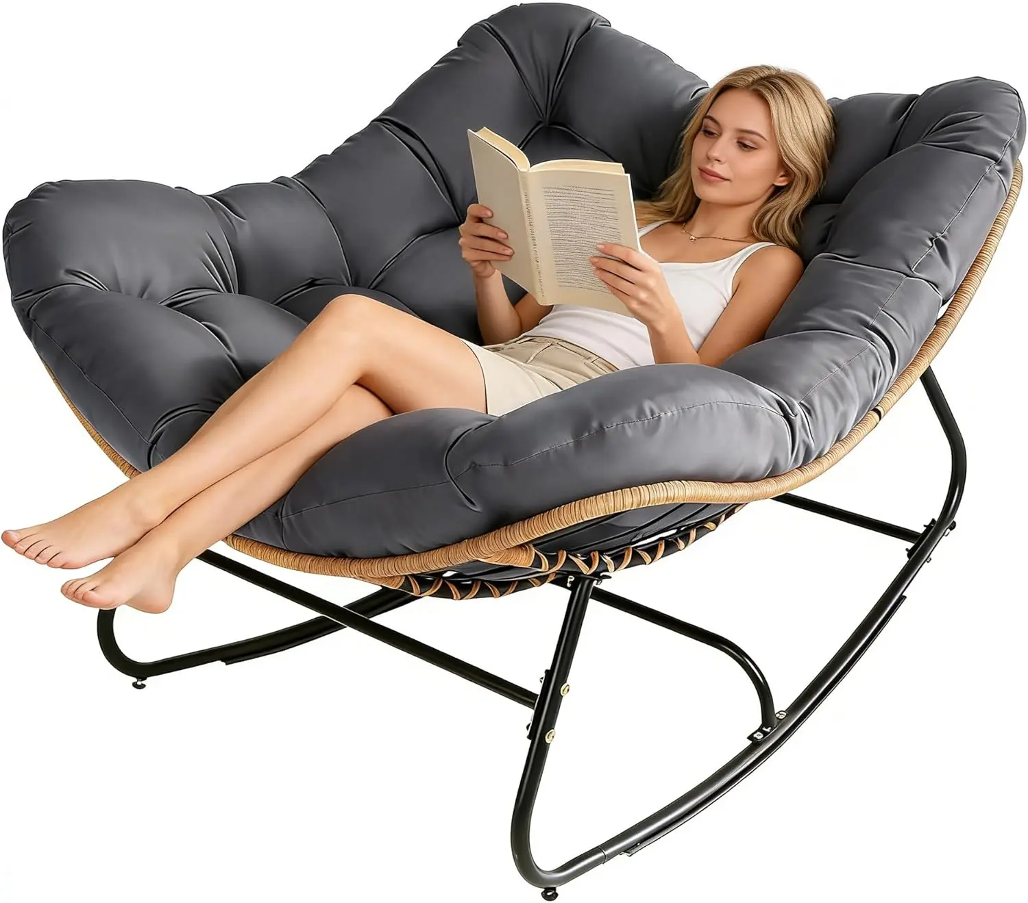INTERGREAT Oversized Wicker Rocking Chair Indoor Outdoor, 450 LBS Heavy Duty Patio Papasan Egg Chair with Cushion, E-Coated Frame Lounge Rocker for Balcony Porch Garden Living Room (Grey/Beige)#Summervibes