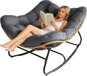 INTERGREAT Oversized Wicker Rocking Chair Indoor Outdoor, 450 LBS Heavy Duty Patio Papasan Egg Chair with Cushion, E-Coated Frame Lounge Rocker for Balcony Porch Garden Living Room (Grey/Beige)