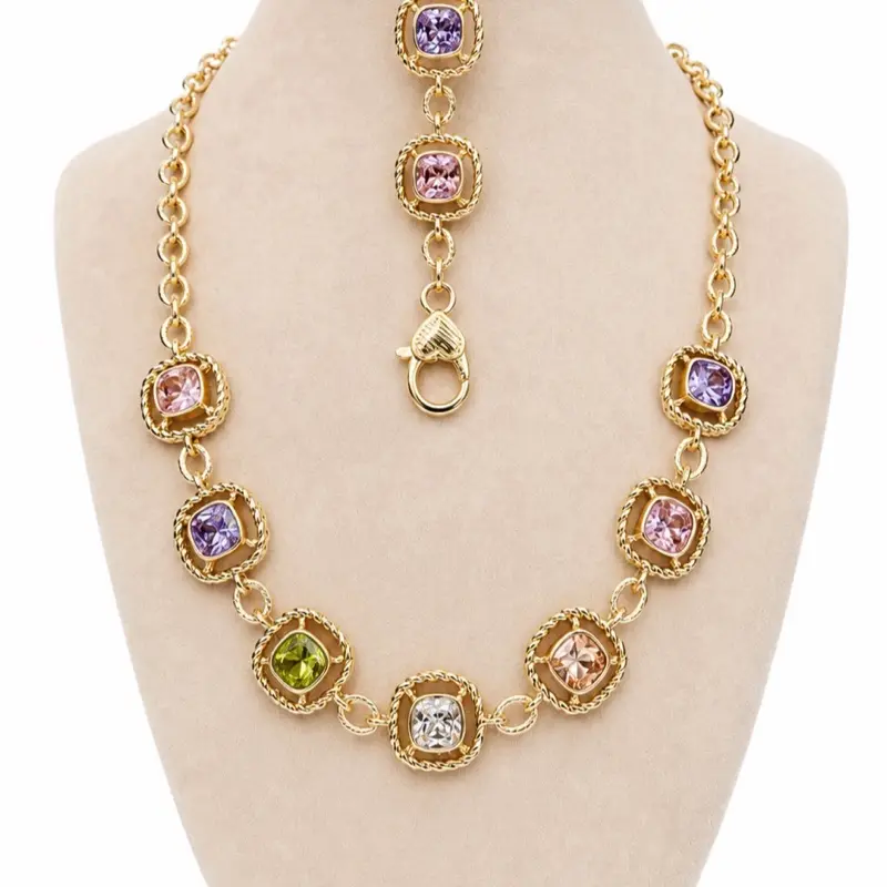 2-Piece Multi-Pastel CZ Gold-Plated Necklace and Bracelet Set