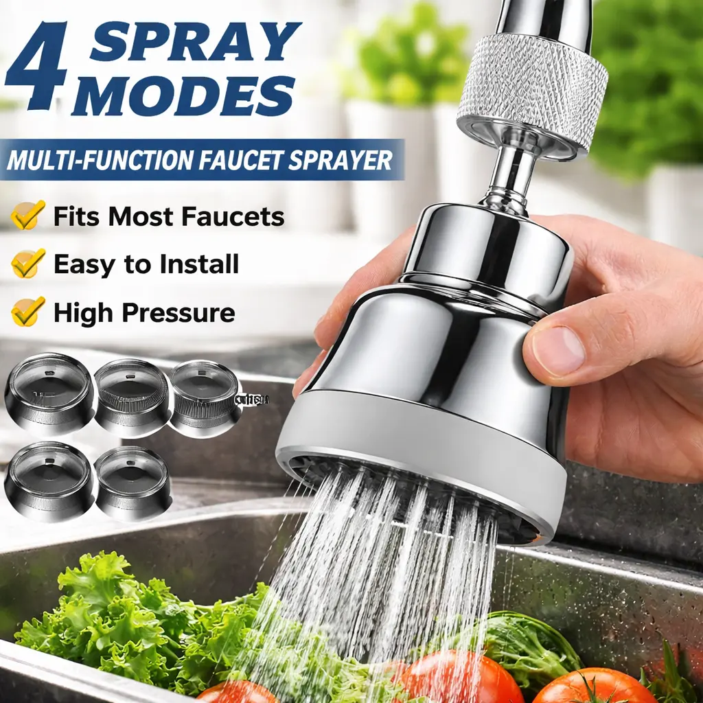 Faucet Aerator Sprayer Attachment – Kitchen Faucet Head Replacement with 4 Spray Modes, 360° Swivel Faucet Extender, Anti-Splash Sink Sprayer Nozzle for Rinsing, Washing, and Filling