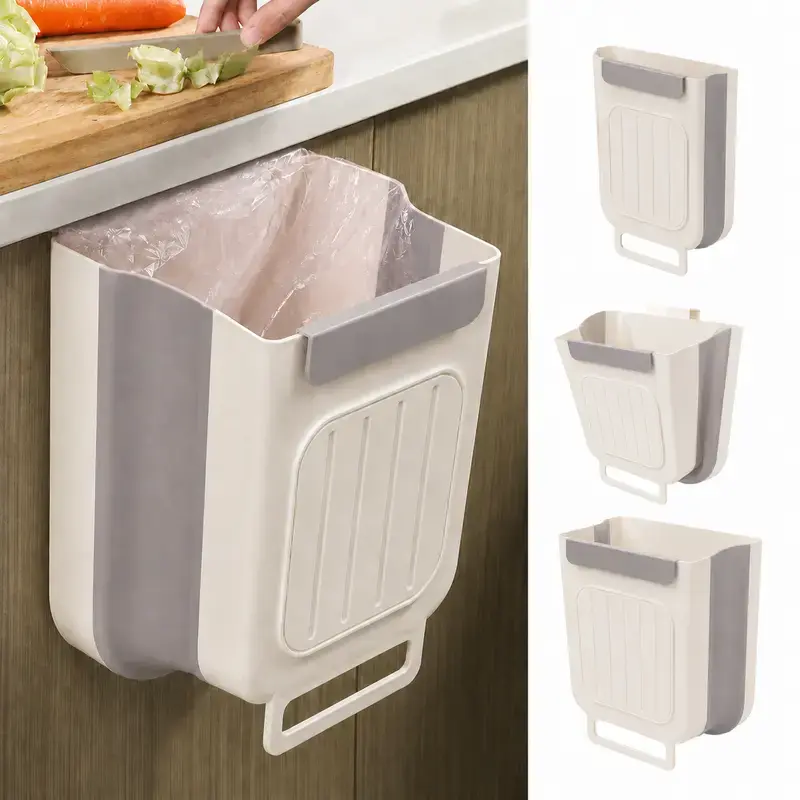 Foldable Plastic Kitchen Trash Can - 1-Count Hanging Garbage Storage Bucket, Collapsible Space-Saving Cabinet Accessory with Easy Installation for Home, RV Use, Home Essentials