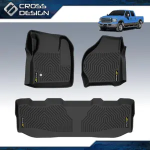 CROSSDESIGN TPE Floor Mats Liners Weatherbeater |Fits 1999-07 Ford F-250 F-350 Super Duty Crew Cab Fold Flat Storage|Front & 2nd Row, 3-pc Black