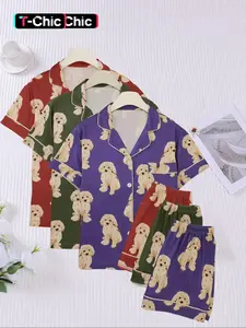 6-piece combination women's full body puppy print pajamas set Fitted, short sleeved shorts suitable for all seasons, pocket collar butterfly pants, home wear