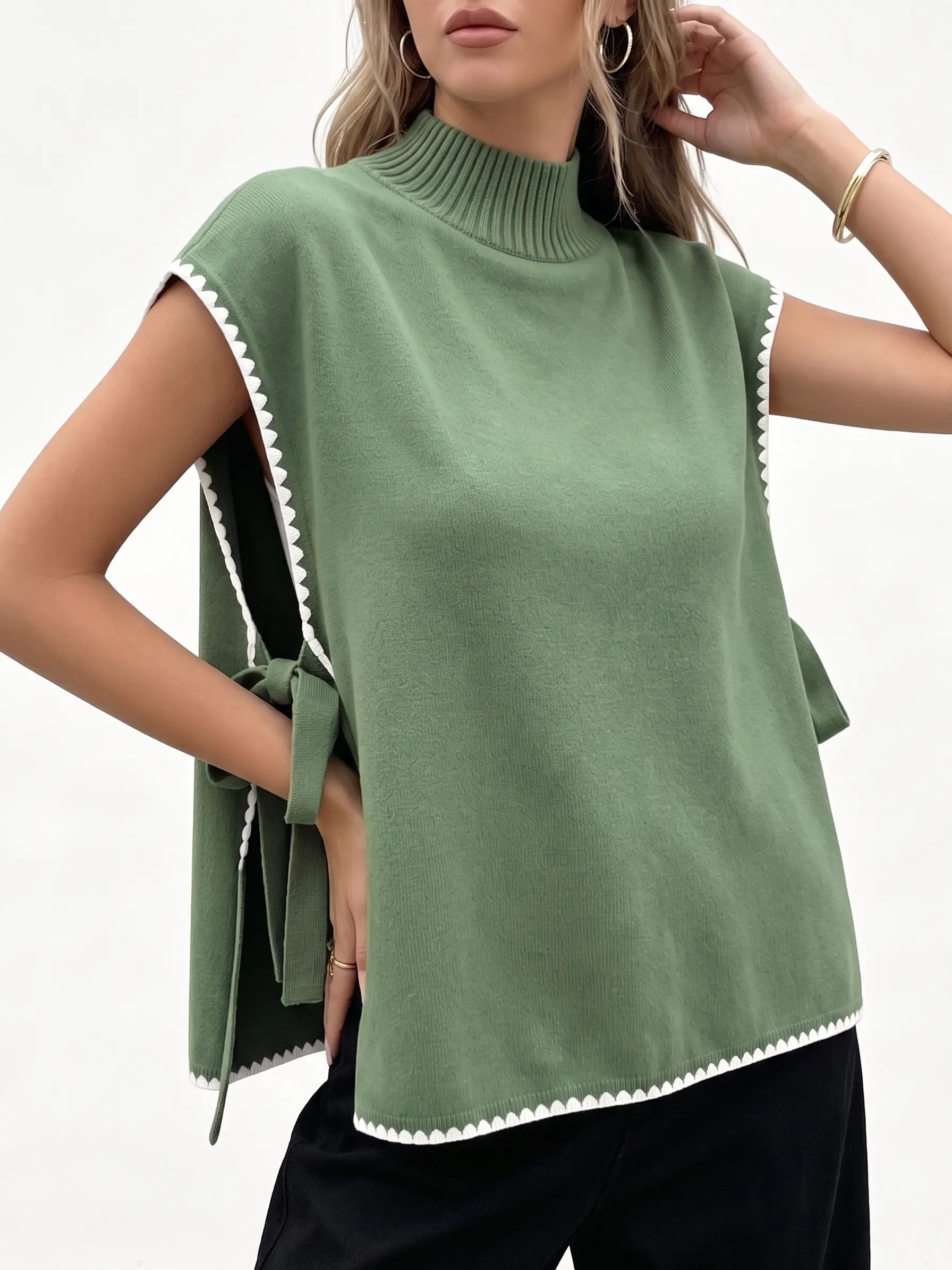 Shewin Women's Basic Layering Vest, Sleeveless Viscose Blend Knit Top with Scalloped Trim, Side Tie, and Casual Crew Neck Pullover, Solid, Asymmetrical