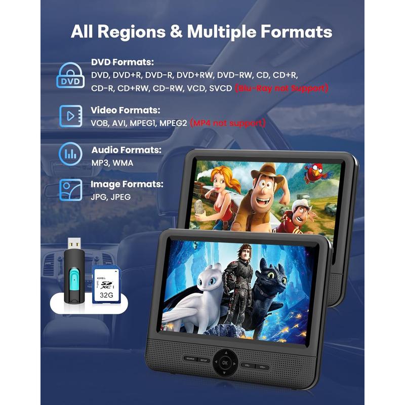 7.5 Inch Dual Portable DVD Player for ,  DVD Player Dual Screen Play a Same or Two Different Movies with Headrest Strap, Support Last Memory, AV Out/in, USB/SD Card, All Regions