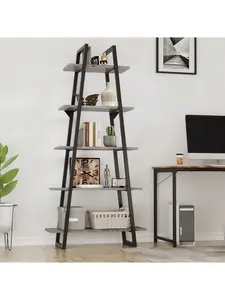 5-Tier Rustic Industrial Wood Bookshelf, Tall Open Etagere Ladder Bookcase, Standing Display Shelves For Home Living Room, Bedroom, And Office Storage, Dark Grey Wood Grain/Light Yellow Wood Grain