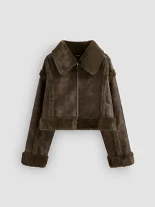 Faux Shearling Collar Solid Zipper Jacket Faux Shearling Collar Solid Zipper Jacket