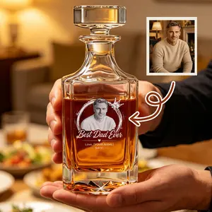 Custom Photo Whiskey Decanter Set in Wooden Box | Personalized Laser Engraved | Wedding, Retirement, Father's Day Gift