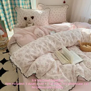 Pink Floral Duvet Cover Set Girls Lace Duvet Cover Cute Ruffle Bedding Set Romantic Ruffle Comforter Cover Romantic Princess Bedding Cover Bed Sets,1 Duvet Cover+1 Flat Sheet +1/2 Pillowcases