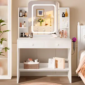 WeCharmer Makeup Vanity Desk with Smart LED Mirror and Power Outlet, Small Makeup Vanity Table with 2 Drawer and 5 Shelves, Dressing Table