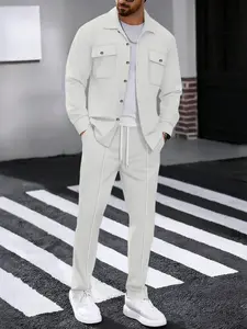 Men's Waffle Knit Button Front Jacket & Pants Set, Outfit, Casual Fitted Long Sleeve Outerwear, Spring&fall Fashion, Pocket Design