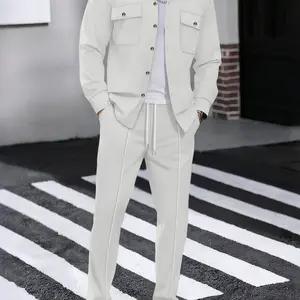 Men's Waffle Knit Button Front Jacket & Pants Set, Casual Fitted Long Sleeve Outerwear, Spring&fall Fashion, Pocket Design