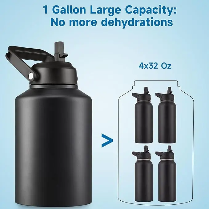 Water bottle blacked stainless steel with straw