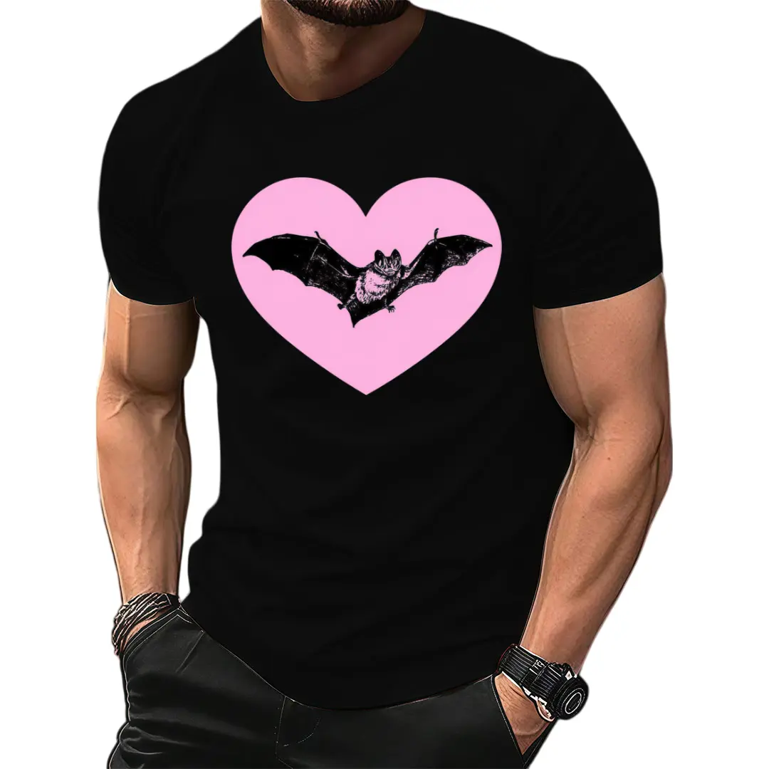 Gothic Bat And  Heart Graphic Tee - Comfortable Round Neck Shirt, Soft And Stretchy, Ideal for Halloween Or Valentine'S Day, Men'S Goth T-Shirt.