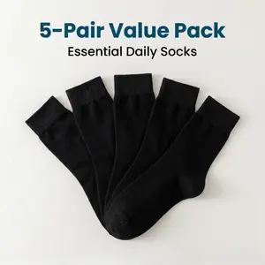 5 Pairs Men's Pure Cotton Mid-calf Socks, Sweat-wicking & Odor-resistant, 10A Antibacterial Solid Color Seamless Business Casual Long Socks