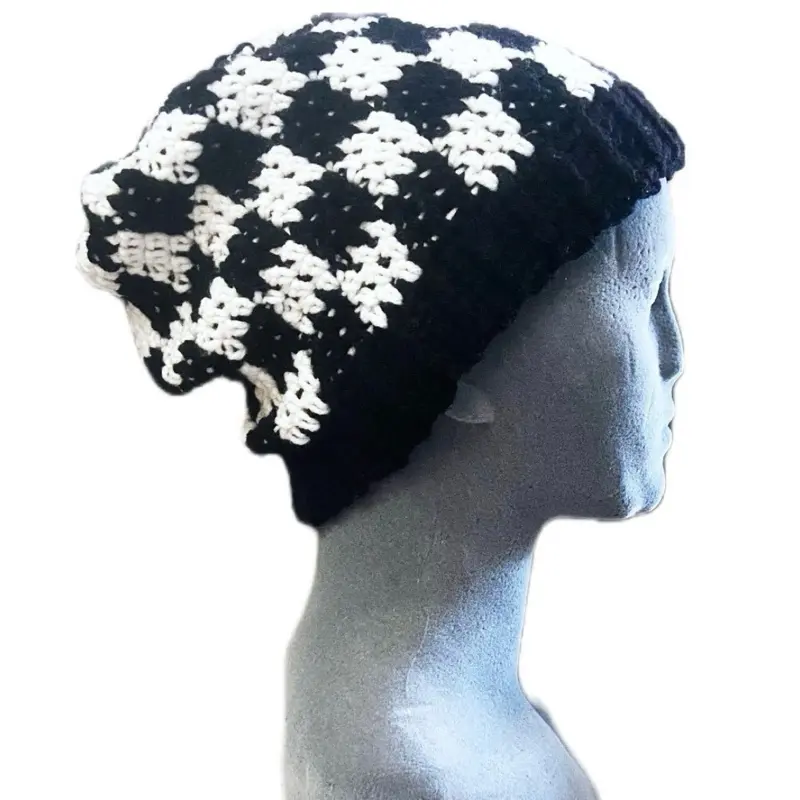 Hat Checkerboard Black White Beanie Boho Skater Hippie Goth Dark Fairy Punk Handmade