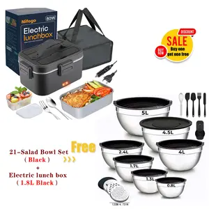 Nifogo Value Bundle Stainless Steel Salad Bowls with 1.8L Electric Heating Lunch Box, Practical Kitchen Combo for Daily Meals