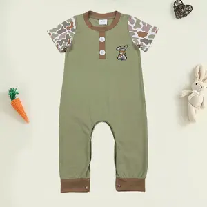Boutique Infant Baby Boys Rompers Embroidery Camo Rabbit Button Easter Footie Rompers outfit newborn gift