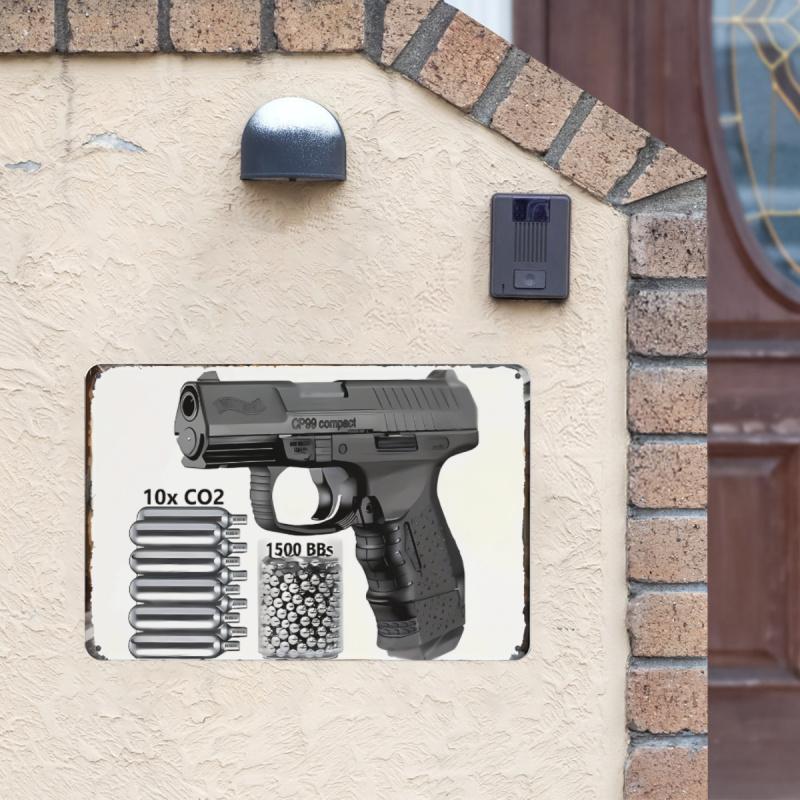 Room Decor Retro Pistol Metal Iron Sign, "cp99 Compact" Pistol Design Retro Metal Iron Sign, Waterproof And Weatherproof Decoration, Perfect For University, Cave, Bar, Cafe, Garage, Farmhouse, Man Cav, Vintage Metal Sign