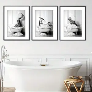 Vintage Canvas Posters Set, Elegant Bathtub Giraffe Elephant Penguin Wall Art, No Frame Animal Prints for Living Room Bedroom Bathroom Decor