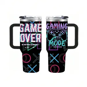 40 Oz Gaming Tumbler With Handle And Straw Lid - Stainless Steel Insulated Travel Mug, "Game Over / Gaming Mode Activated" Controller Coffee Cup For Gamers, Keeps Cold/Hot