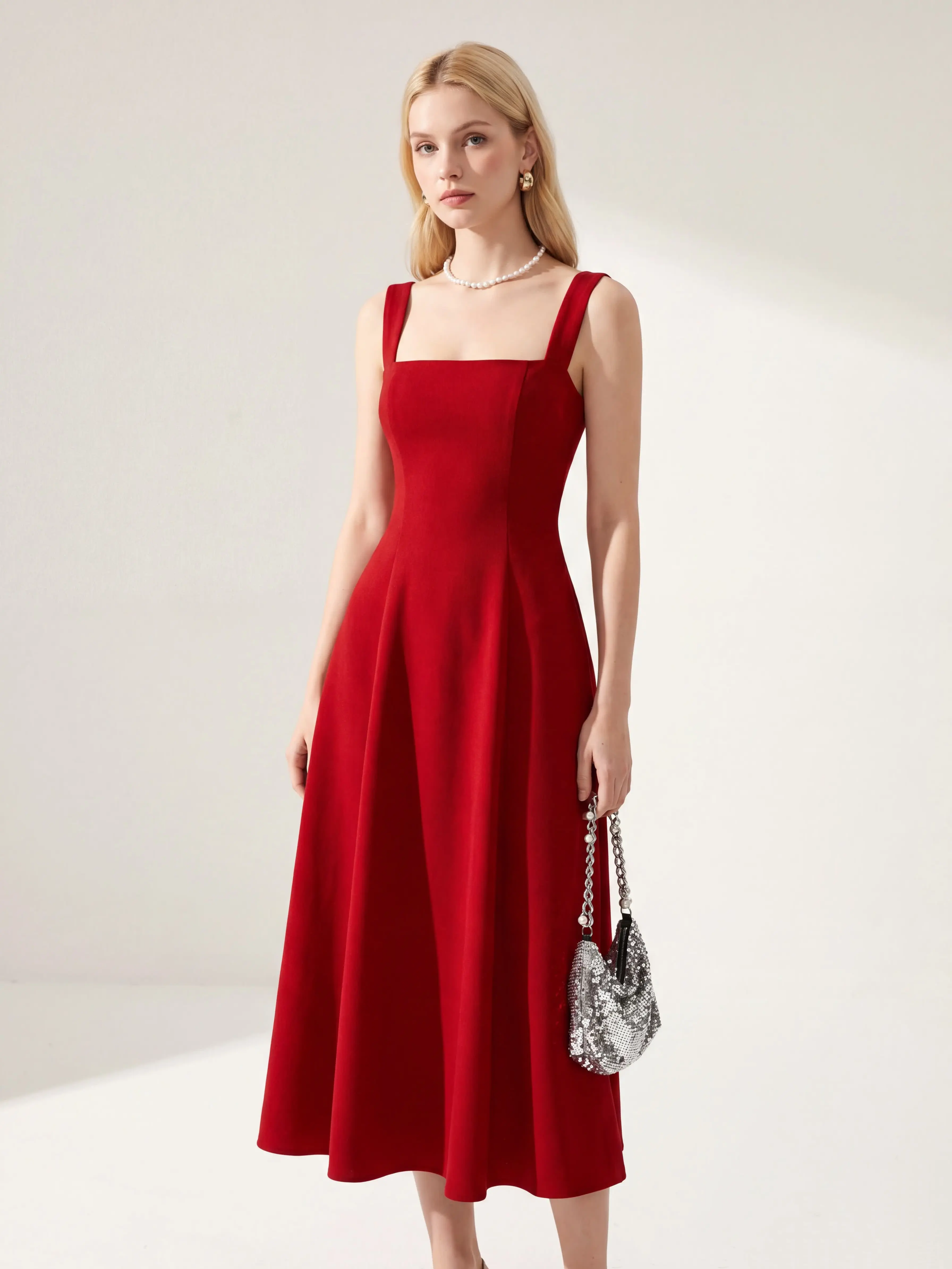 2026 New Elegant Square Neck Sling Midi Dress Women Slimming Adjustable Waist A Line Long Dress Solid Color Flowy Beach Vacation Wedding Guest Party Dresses For Summer