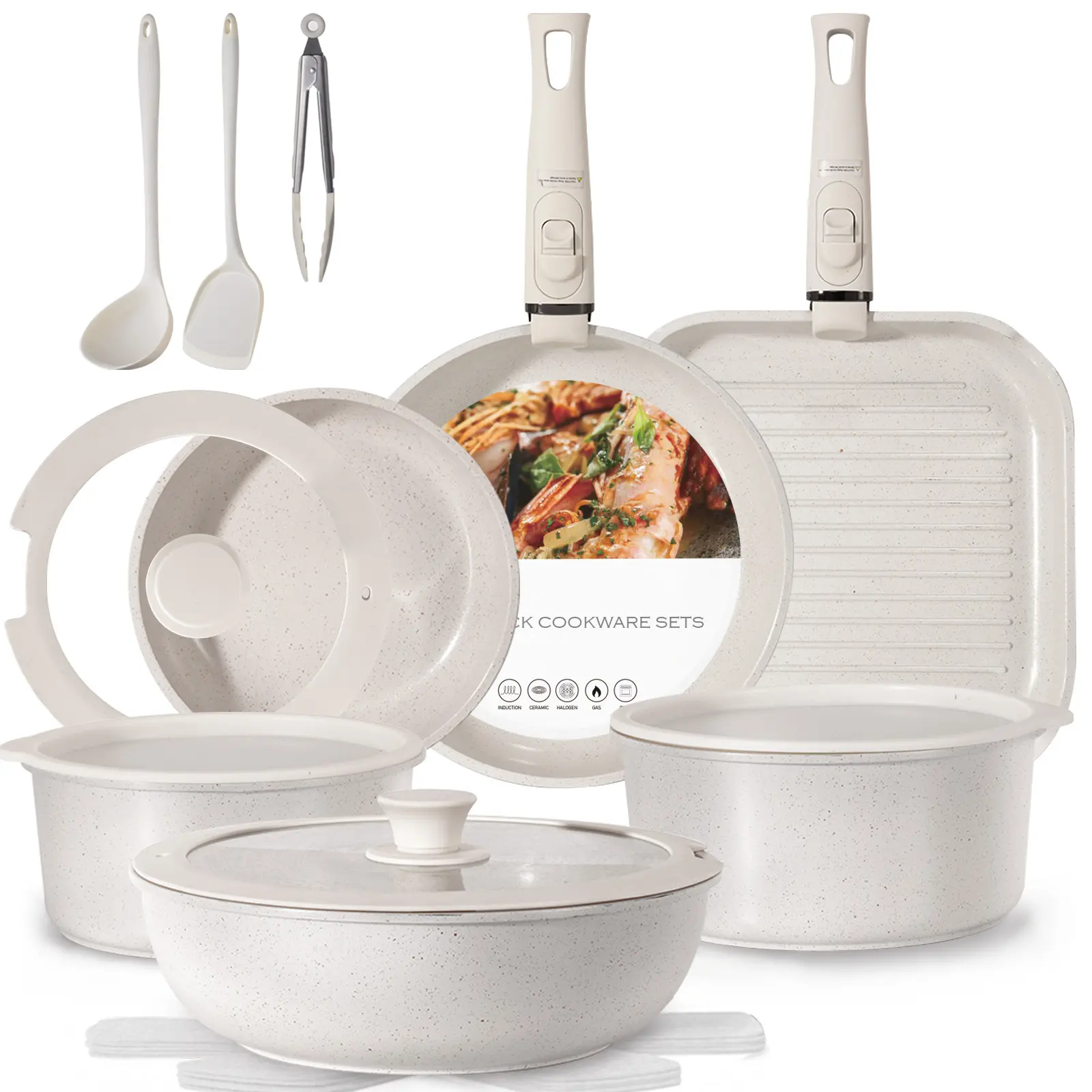 USELUCK-Camping and Baking Removable Handles, Non-Stick Cookware Sets, Essential Stackable Non-Stick Cookware Sets (Oven Safe and RV Friendly), Multiple Colors, Multiple Combinations Available,father'sdaygifts,campingessentials,campinggear,home essentials