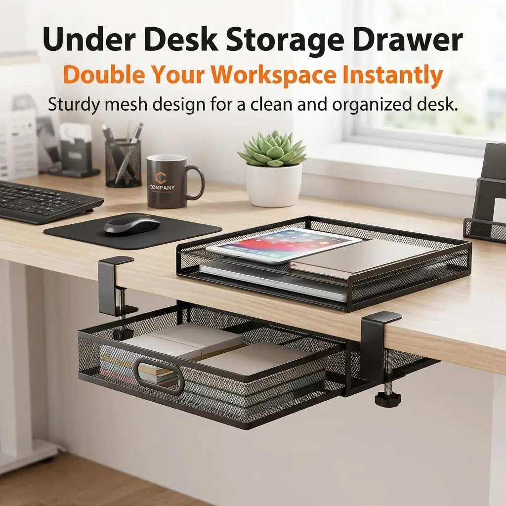 Under Desk Storage Shelf for Double Desks – 2-Tier Under Desk Organizer