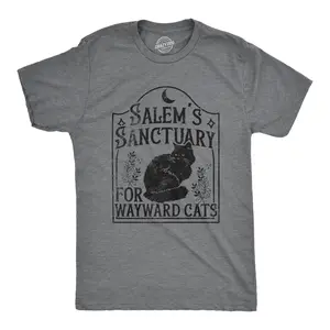 Mens Salems Sanctuary for Wayward Cats T Shirt Funny Spooky Halloween Kitten Lovers Tee for Guys Mens Funny T Shirts Cool Vintage Fashion T-Shirt Gift Classic Menswear Halloween Apparel for Men Funny Cat Short Dark Grey