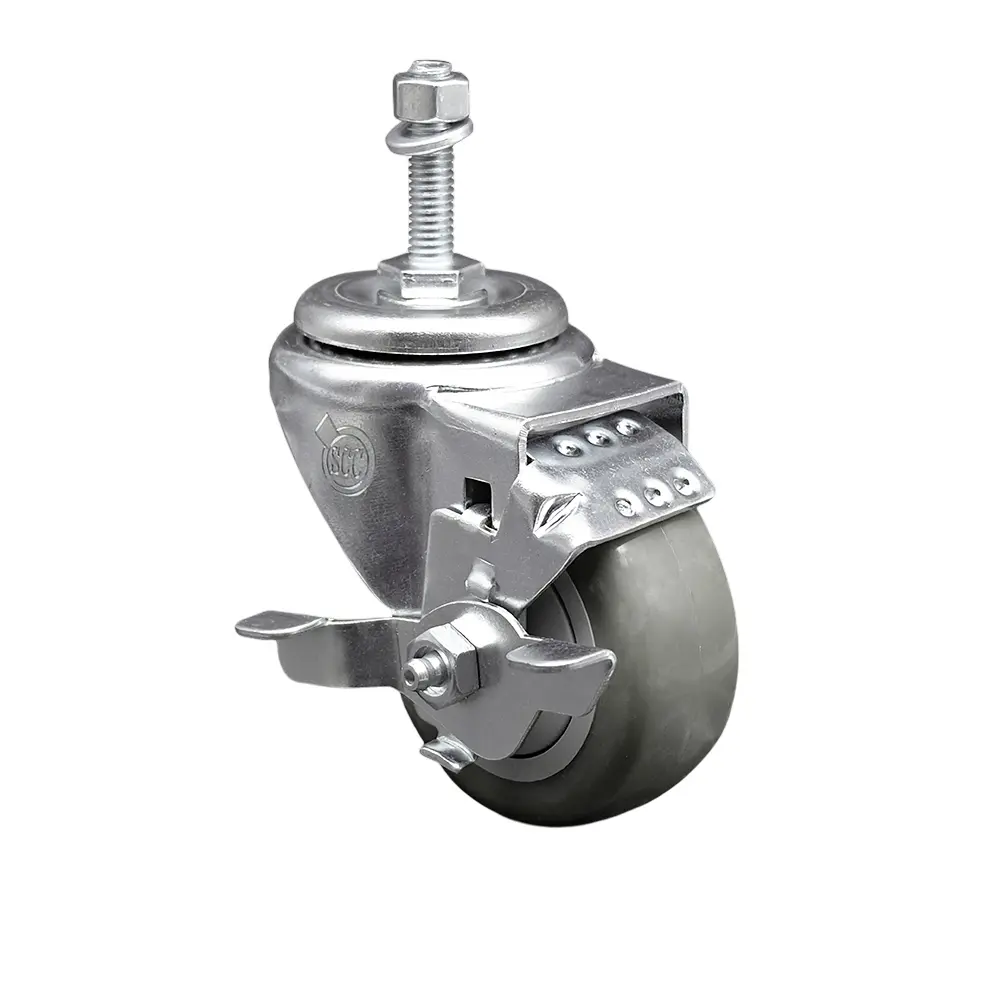 Service Caster SCC-TS20S3514-PPUB-TLB-M1015 Polyurethane Swivel Threaded Stem Caster, 3.5x1.25 in Gray Swivel Wheels, 10 mm Stem, Top Locking Brake, Ball Bearing Design, 300 lbs Capacity for Carts, Ball Bearings