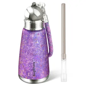 AugsharkPure Titanium Water Bottle,12 oz Frosted Green Insulated Travel Coffee Mug Cup with Lid Straw Weaving Rope Handle Tumblers,Ultralight Leak-Proof Vaccum Camping Flask Keep Cold 12H Hot 12H