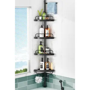 Corner Shower  Tension Pole: 4 Tier Shampoo Storage Organizer for Inside Shower - Telescoping Rod Shower Rack for Bathroom and Bathtub - Restroom Floor Standing Bath Rack Holder Black