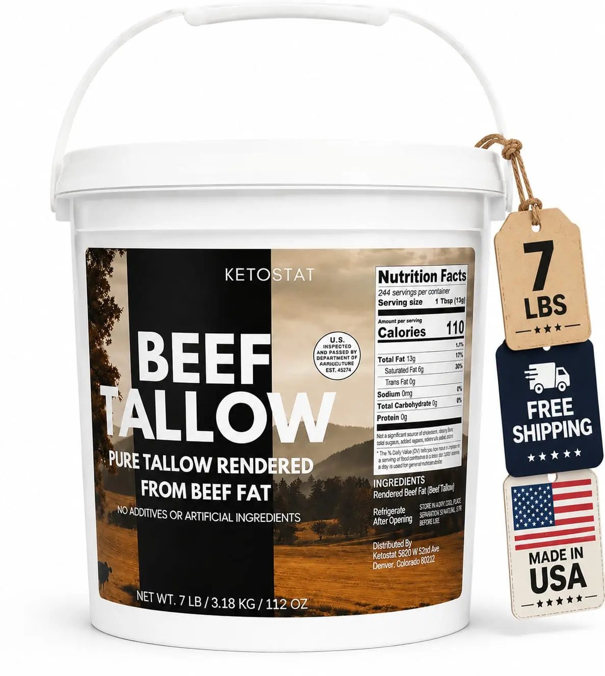 Beef Tallow - 7 lb Solid Bucket, No Additives, Keto-Friendly, Made in USA,100% Natural beef tallow for cooking or skincare,Rendered beef tallow