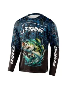 3D Men's Ocean Pattern Printed Long Sleeve Shirt, All-Over Fish Print Dark Blue Style, Fishing Clothing, Fishing Gear, Outdoor Wear