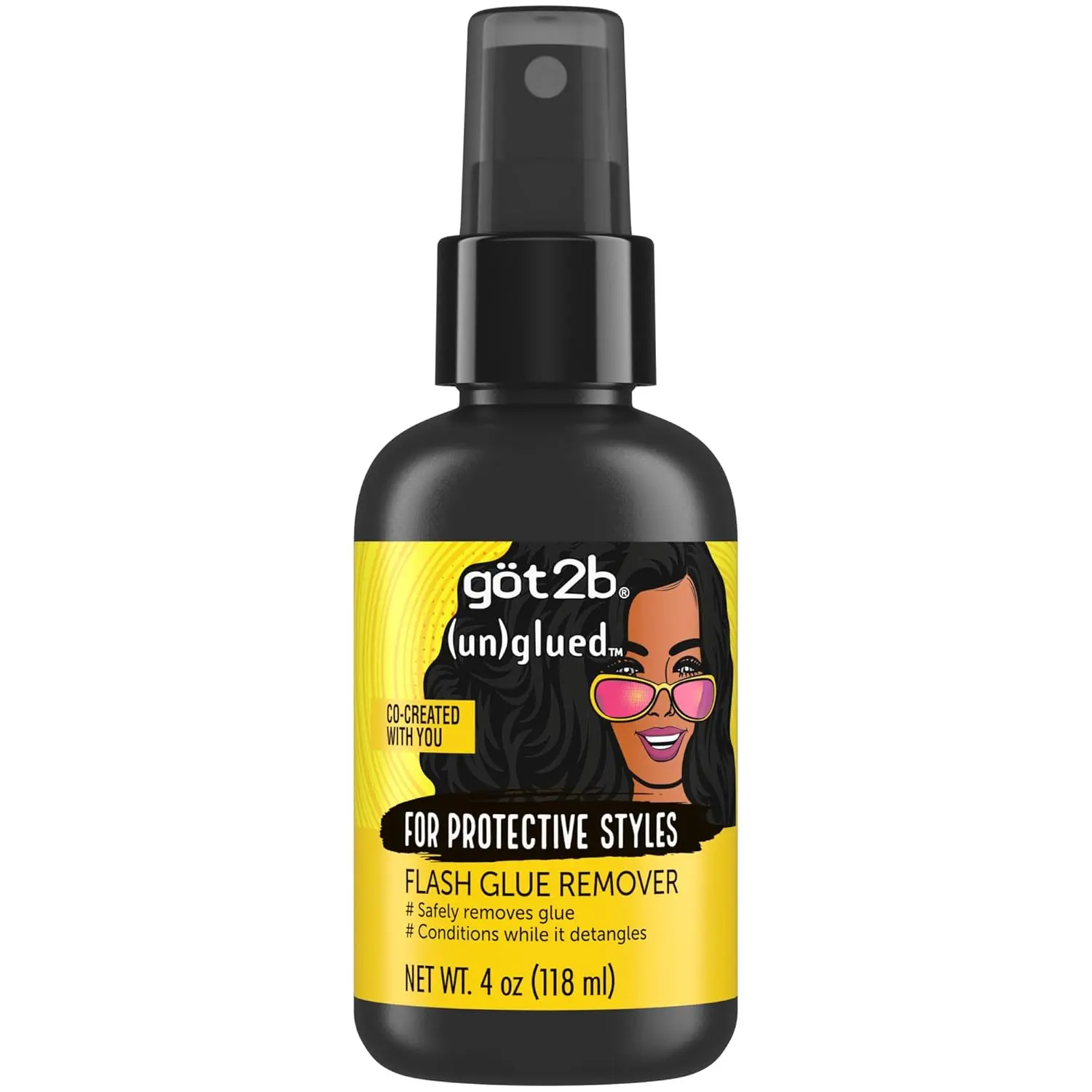 got2b (un)glued Flash Glue Remover, 4 Fl Oz Haircare Treatment with Aloe Vera & Castor Oil, Dermatologist-Tested, Conditioning Formula for Human Hair Wigs, Lace Fronts, Gently Removes Bonds & Detangles, Detangling, Moisturizing, Spray & Lift, Softening, E
