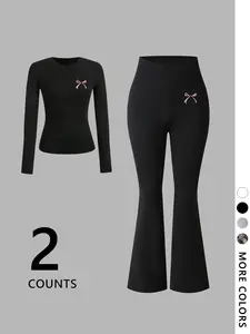 Women's Branch Graphic Pants Set, Casual Everyday Fitted Micro Flare Trousers, Natural Versatile Texture, Comfortable Outdoor Wear, All Seasons